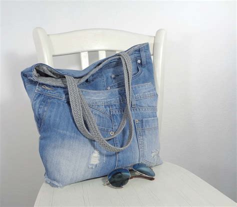 Denim Tote Bag Jeans Handbag Large Shopper Bag Up Cycled Etsy Denim