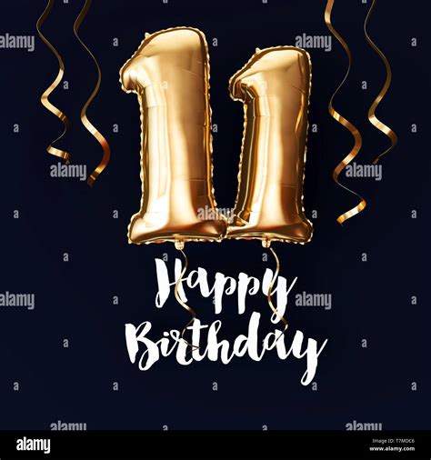 Happy 11th Birthday Gold Foil Balloon Background With Ribbons 3d