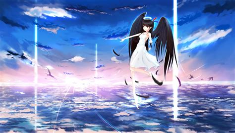 Anime Girl Female Clouds Sea Angel Sky Wings Hd Wallpaper