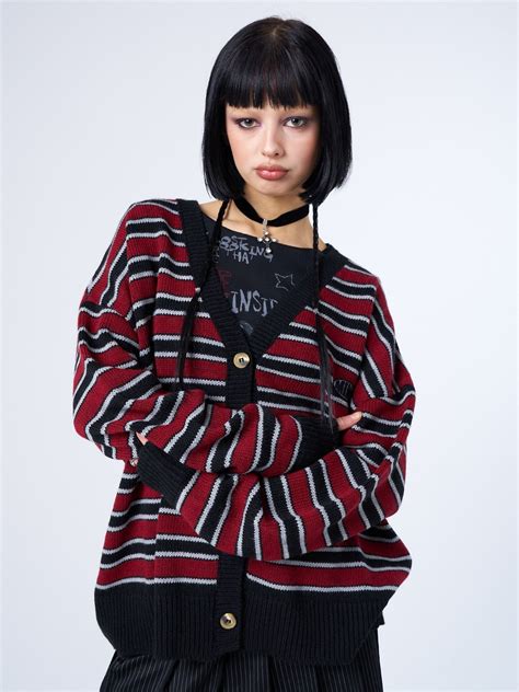 Red And Black Striped V Neck Cardigan Knitwear Y2k Grunge Minga London
