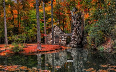 Download Reflection Tree Fall Forest Mill Man Made Watermill Hd Wallpaper