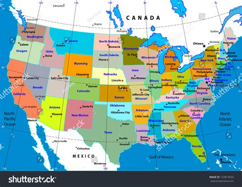 Colorful Usa Map With States And Capital Cities Illustration