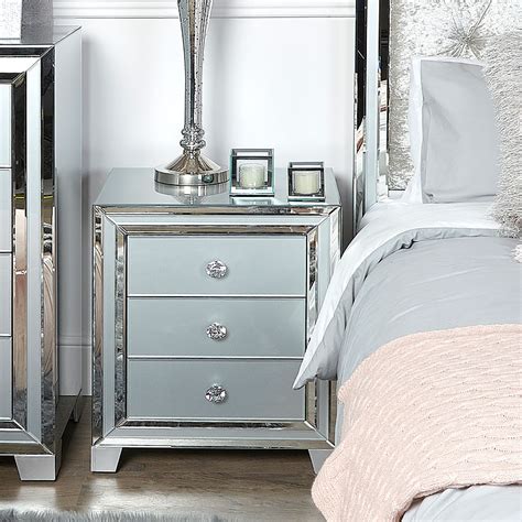 Madison Grey Glass 3 Drawer Mirrored Bedside Cabinet Picture Perfect Home