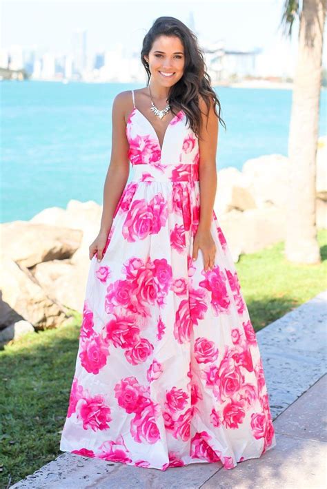 Ivory And Fuchsia Floral Maxi Dress With Criss Cross Back Vestidos