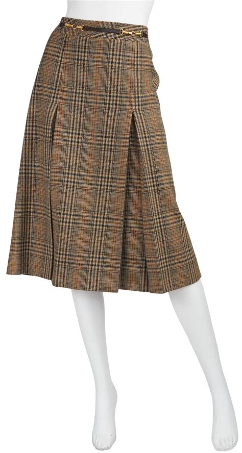 Céline 1970s Vintage Horsebit Brown Plaid Wool Pleated Skirt