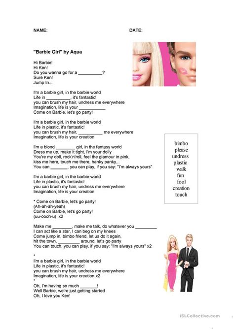 sexist stereotypes barbie girl song worksheet  esl printable