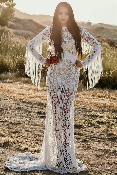 Crochet Lace Long Sleeve Boho Wedding Dress Gown Sourtdesigns