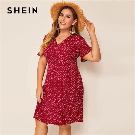 Shein Plus Size Heart Print Ruffle Cuff Button Up Dress Women Summer