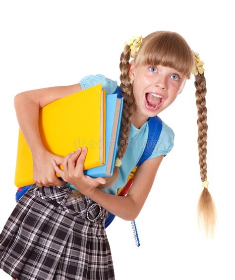 Schoolgirl With Backpack Holding Pile Of Books Stock Image Image Of