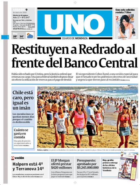 Periódico Diario Uno Argentina Periódicos De Argentina Edición De Sábado 9 De Enero De 2010