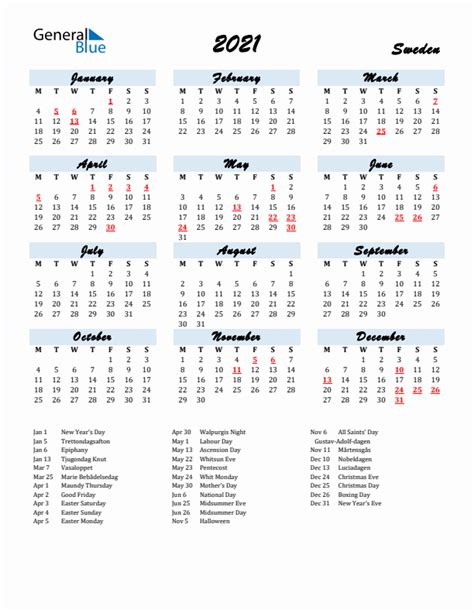 2021 Sweden Calendar With Holidays