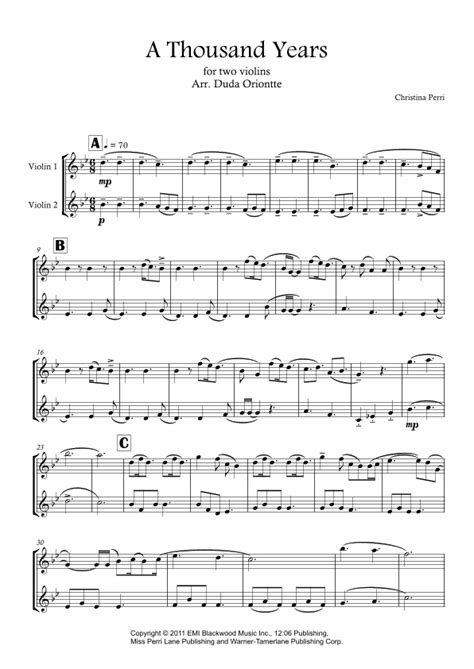 A Thousand Years Sheet Music Christina Perri Violin Duet