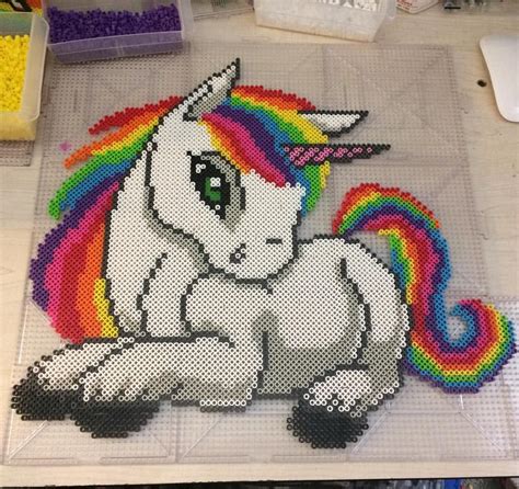 Large Rainbow Unicorn Perler Bead Sleepystitchshop Unicorn Rainbow