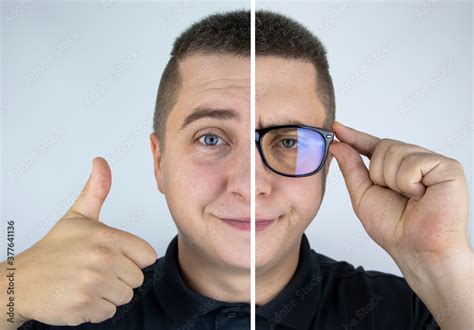 A Man With Glasses Before And After On One Half The Face Is Happy