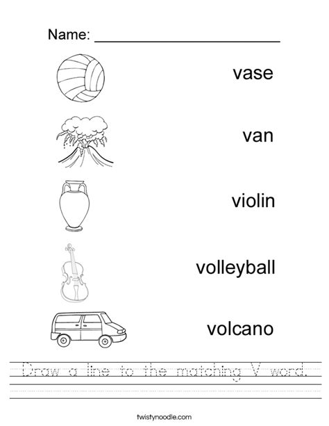 Draw a line to the matching V word Worksheet - Twisty Noodle
