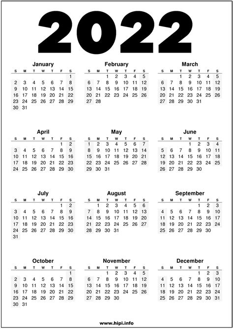 2022 Calendar Printable One Page Printable World Holiday