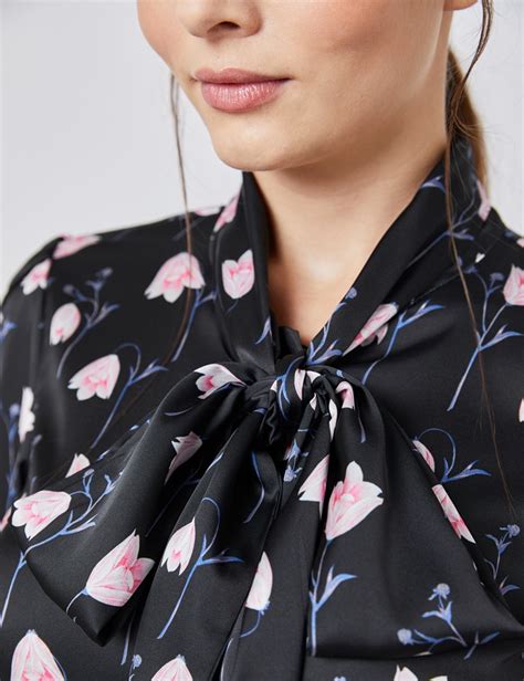 Womens Black And Pink Floral Fitted Satin Blouse Single Cuff Pussy Bow Hawes And Curtis