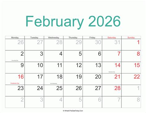 February 2026 Calendar Printable With Holidays Whatisthedatetodaycom