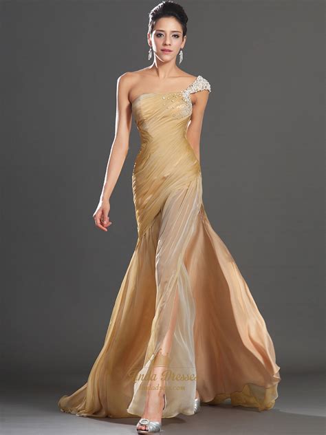 Gold One Shoulder Prom Dress With Ruched Bodice And Beaded Straps