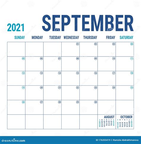Calendar 2021 September English Calender Template Vector Square Grid