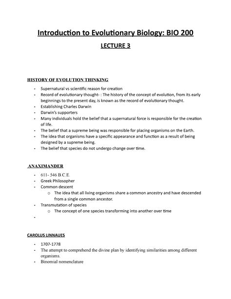 Lecture 3 Introduction To Evolutionary Biology Bio 200 Own Notes