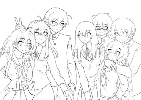 Anime Best Friends Group Drawings Sketch Coloring Page