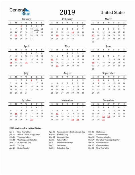 2019 United States Calendar With Holidays