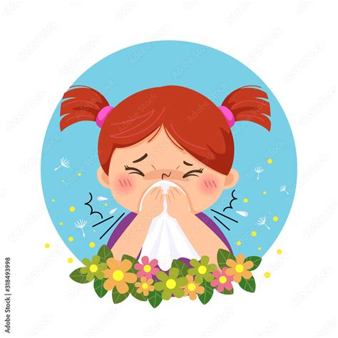 Vector Illustration Of Cartoon Babe Girl Having Allergy From Pollen Health Problems Concept
