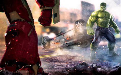 Download Wallpapers 4k Hulk Vs Hulkbuster Battle Street Superheroes