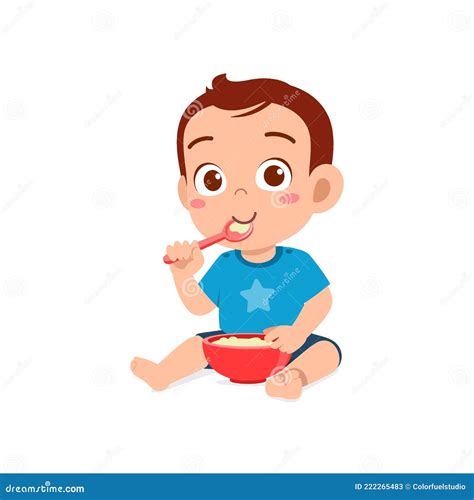 Cute Little Baby Boy Eat Porridge In Bowl With Spoon Stock Vector