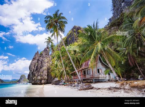 Tropical Hut Under Palm Trees On Ipil Beach At Pinagbuyutan Island El