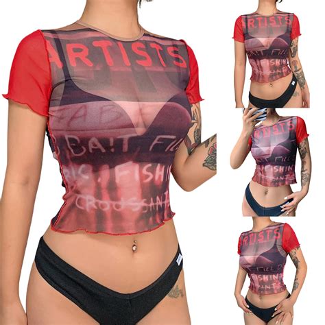 women s causal short sleeve t shirt fashion letter print mesh yarn perspective exposed navel