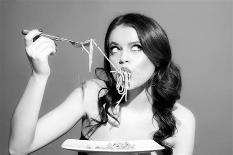 Italian Food Spaghetti Pasta Italian Cuisine Girl Eating Pasta Healthy Menu Stock Image
