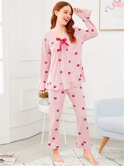 Strawberry Print Ruffle Hem Pajama Set Pajama Set Women Pajama Set
