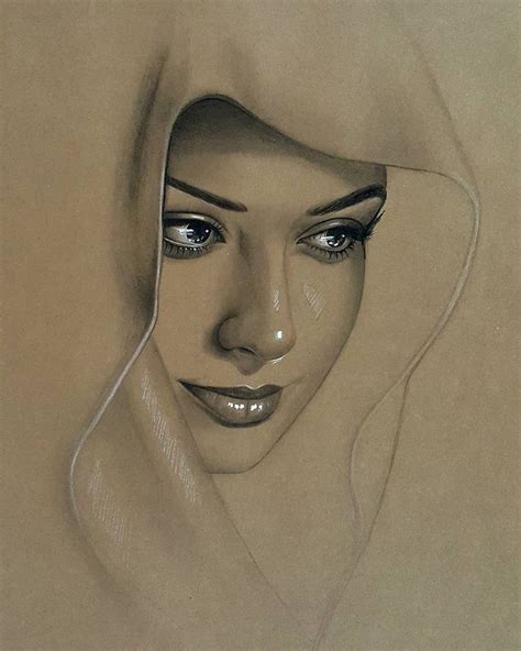 A Pencil Drawing Of A Womans Face With A Veil Over Her Head And Eyes