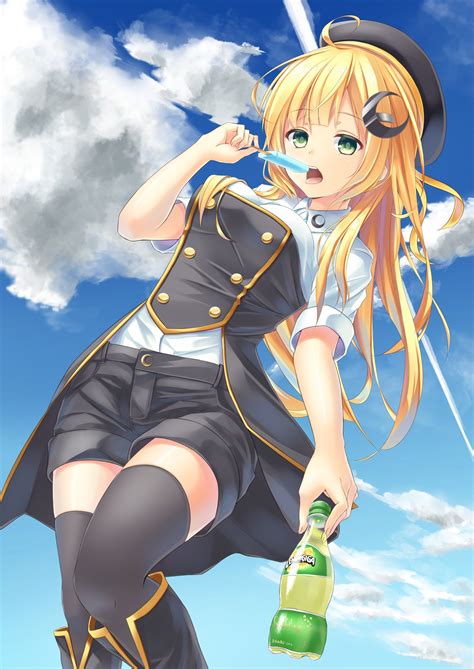 Wallpaper Illustration Blonde Long Hair Anime Girls Sky Green Eyes Clouds Stockings