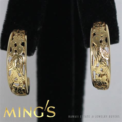 Vintage Ming S Hawaii Bird In Plum Semi Hoop K Yellow Gold Earrings