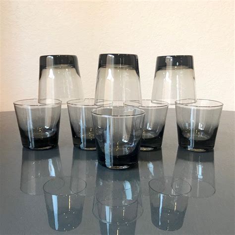 Mid Century Smokey Gray Barware Set Whiskey Glasses Set Of Eight 9oz