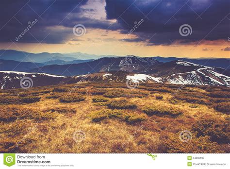Landscape In The Mountainsnowy Tops And Spring Valleys Stock Image