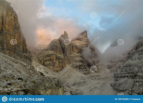 Roky Cliff Mountain In Dolomites At Sunset Light Stock