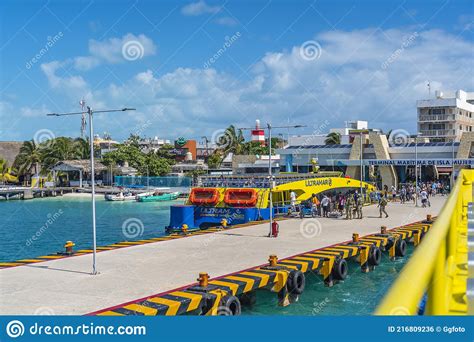 View Of The Ferry Port With The Boat Ultramar In Isla Mujeres Cancun