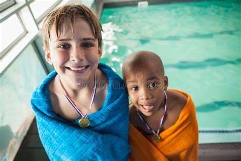 Little Boys Standing Pool Towels Medals Stock Photos Free And Royalty