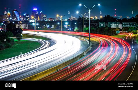 San Antonio Texas Cityscape Skyline And Traffic Commute At Night Stock