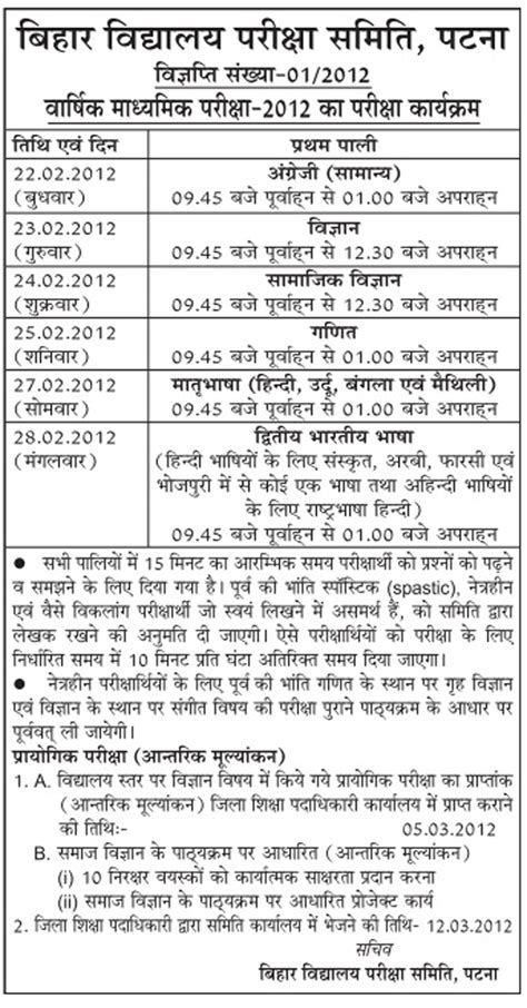 Examination Schedule Of Matriculation And Intermediate Exam Of Bihar