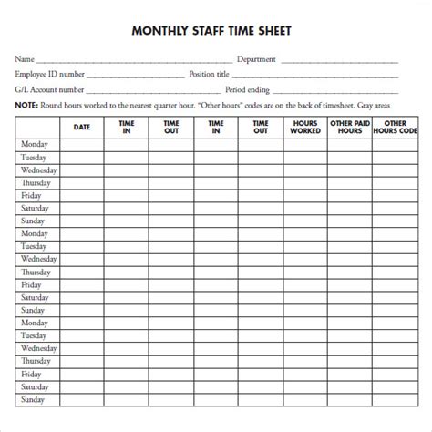 Monthly Timesheet Template