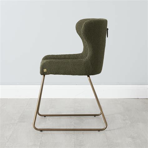 Quinn Olive Green Boucle Dining Chair Brass Colour Legs