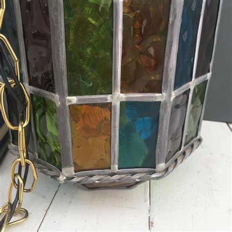 Vintage Stained Glass Pendant Hanging Lamp Vintage Multi Colored Leaded Glass Lamp S
