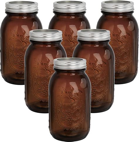 Tebery 6 Pack Amber Regular Mouth Quart Mason Jars 32oz Canning Glass