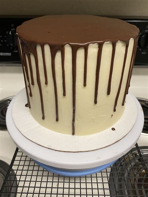 First Cake From Scratch Vanilla Cake With Vanilla Buttercream Frosting And Chocolate Ganache