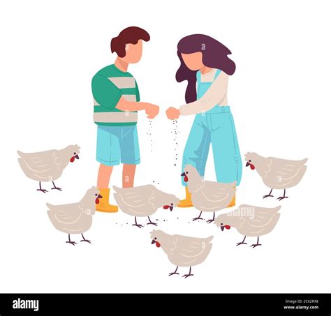 Children Feeding Chicken On Farm Boy And Girl Stock Vector Image And Art